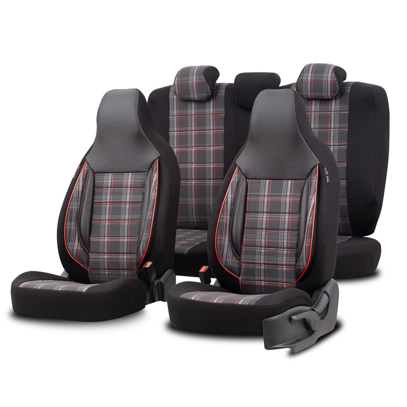Universele Stoffen 'CityBug' Stoelhoezenset 'Sports' Zwart/Grijs/Rood - 9-delig - geschikt voor Side-Airbags