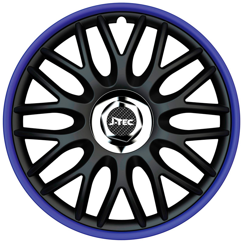 J-Tec 4-Delige Wieldoppenset Orden R 15-inch zwart/blauw + chroom ring