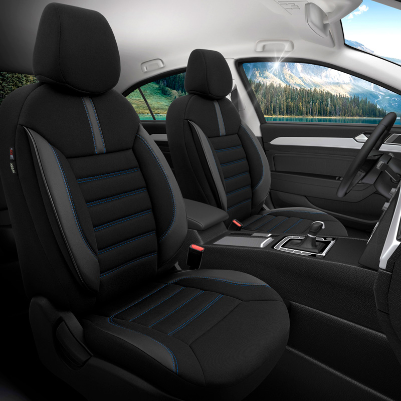 Universele Stoffen/Leder Stoelhoezenset 'Limited' Zwart + Blauwe stiksels - 11-delig - geschikt voor Side-Airbags