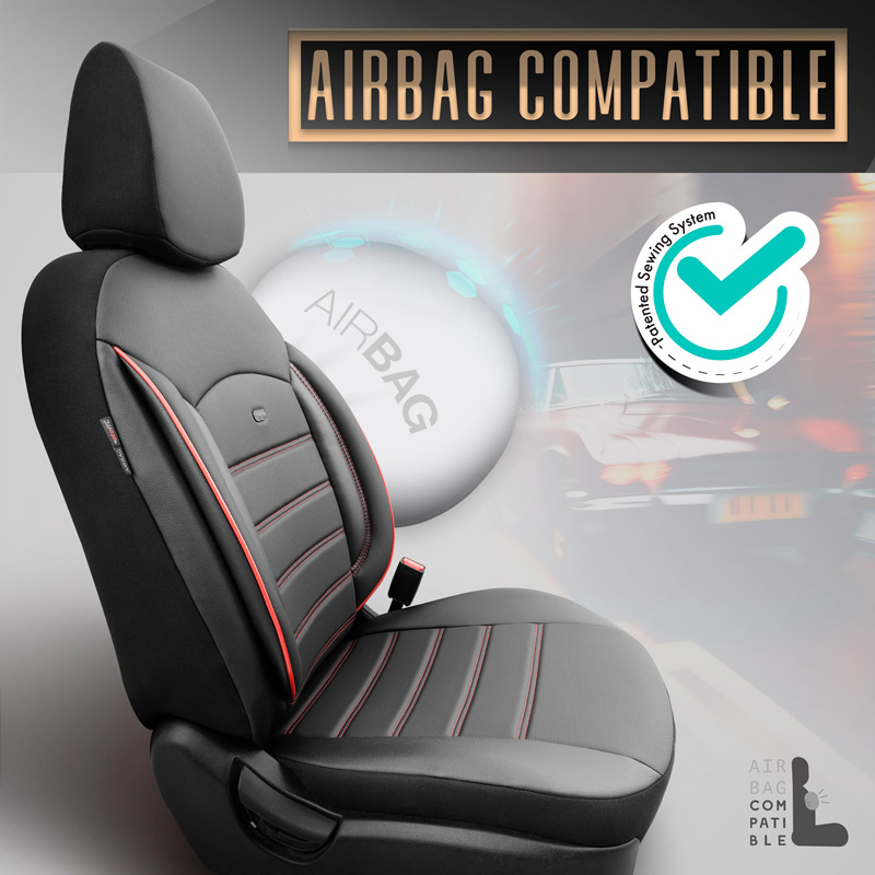 Universele Volleder Stoelhoezenset 'Inspire' Zwart + Rode rand - 11-delig - geschikt voor Side-Airbags