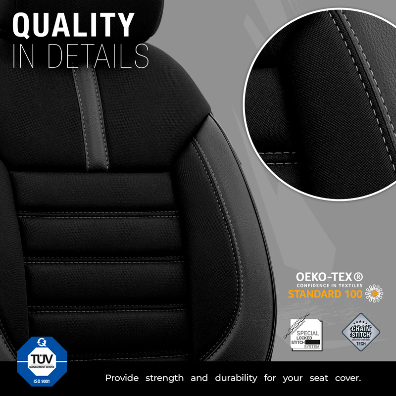 Universele Stoffen/Leder Stoelhoezenset 'Limited' Zwart + Grijze stiksels - 11-delig - geschikt voor Side-Airbags