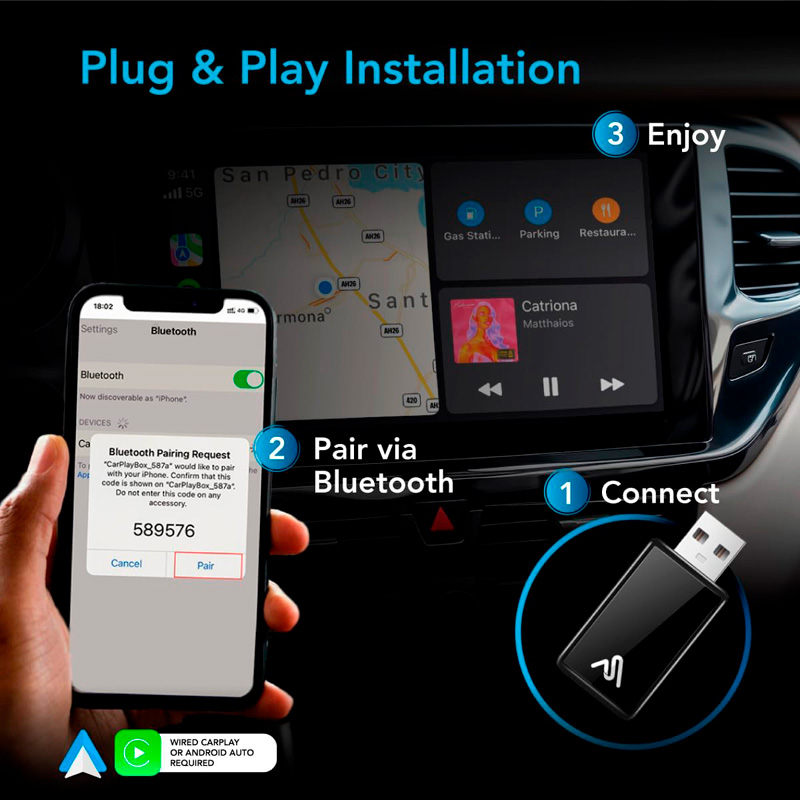 AutoSky WUA-8 Draadloze CarPlay en Android Auto Adapter – USB Dongle - Sapphire Edition