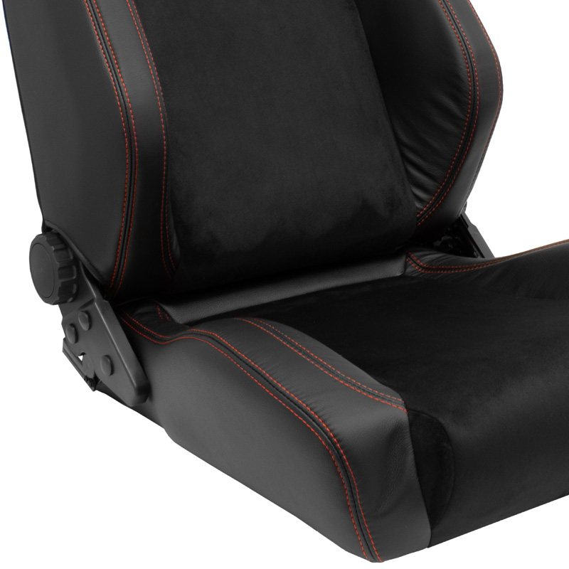 Sportstoel 'VGR Premium' - Zwart Leder & Alcantara + Rode stiksels - Dubbelzijdig verstelbare rugleuning - incl. sledes