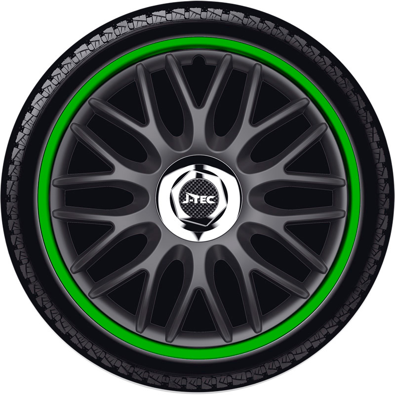 4-Delige J-Tec Wieldoppenset Orden R 14-inch zwart/groen + chroom ring