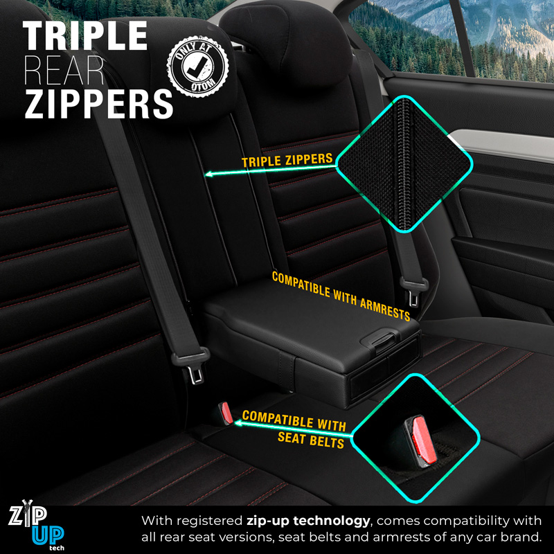 Universele Stoffen/Leder Stoelhoezenset 'Limited' Zwart + Rode stiksels - 11-delig - geschikt voor Side-Airbags