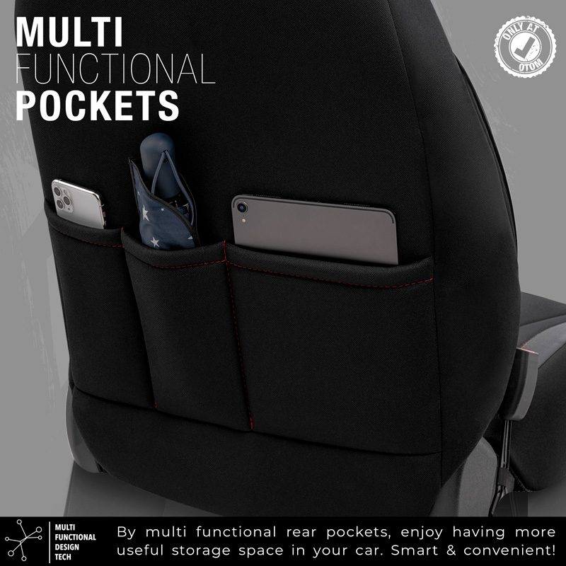 Universele Stoffen/Leder Stoelhoezenset 'Limited' Zwart + Rode stiksels - 11-delig - geschikt voor Side-Airbags