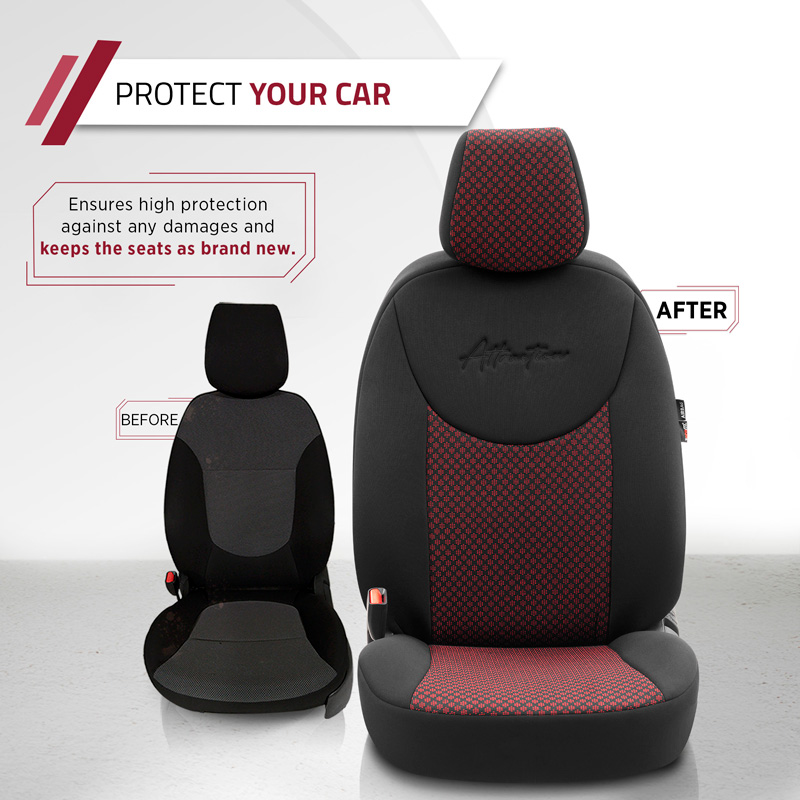 Universele Stoffen Stoelhoezenset 'Attraction' Zwart/Bordeaux Rood - 11-delig - geschikt voor Side-Airbags