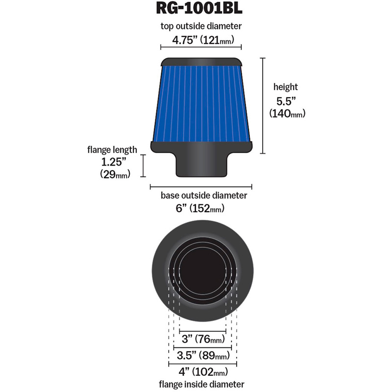 K&N RG-Serie universeel vervangingsfilter met 3 aansluitdiameters Blauw (RG-1001BL-L)