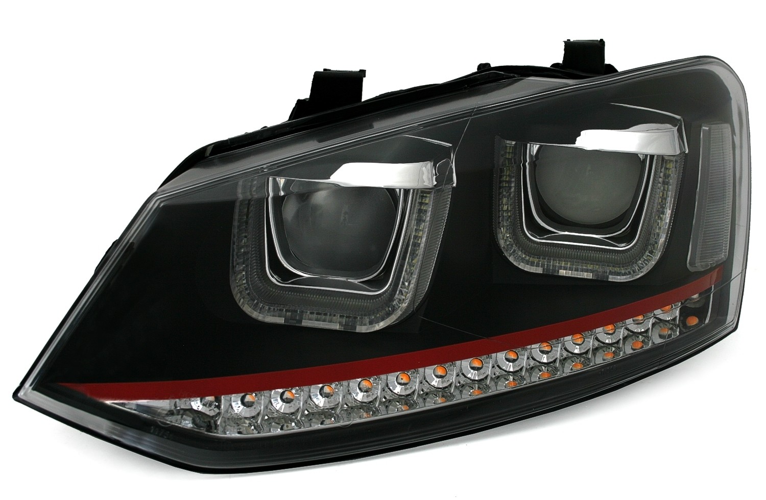Koplampen VW Polo 6R / 6C 09- DRL Dynamic Zwart/Rood Facelift GTI look