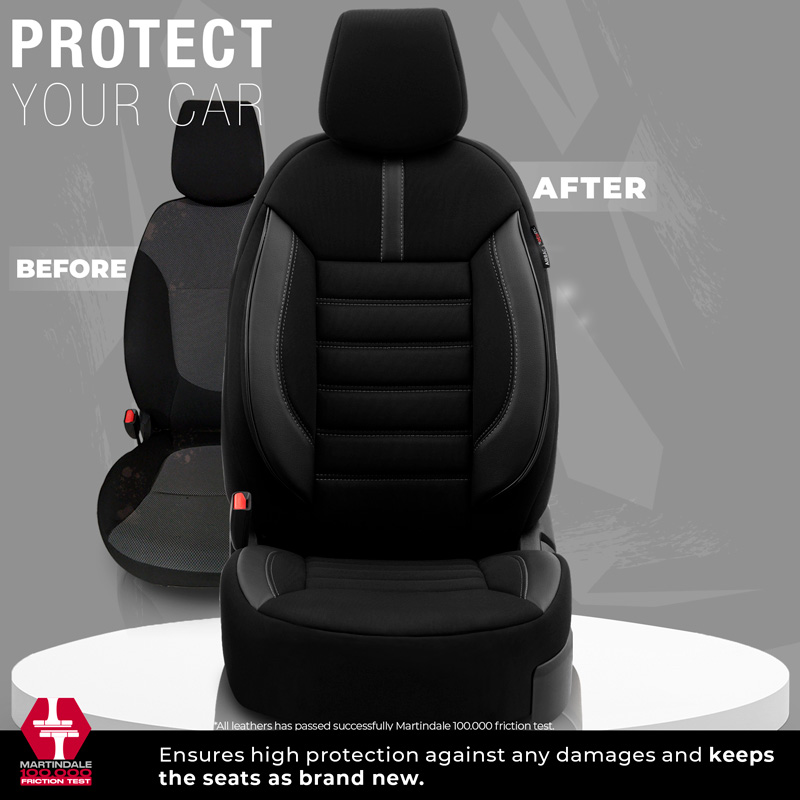 Universele Stoffen/Leder Stoelhoezenset 'Limited' Zwart + Grijze stiksels - 11-delig - geschikt voor Side-Airbags