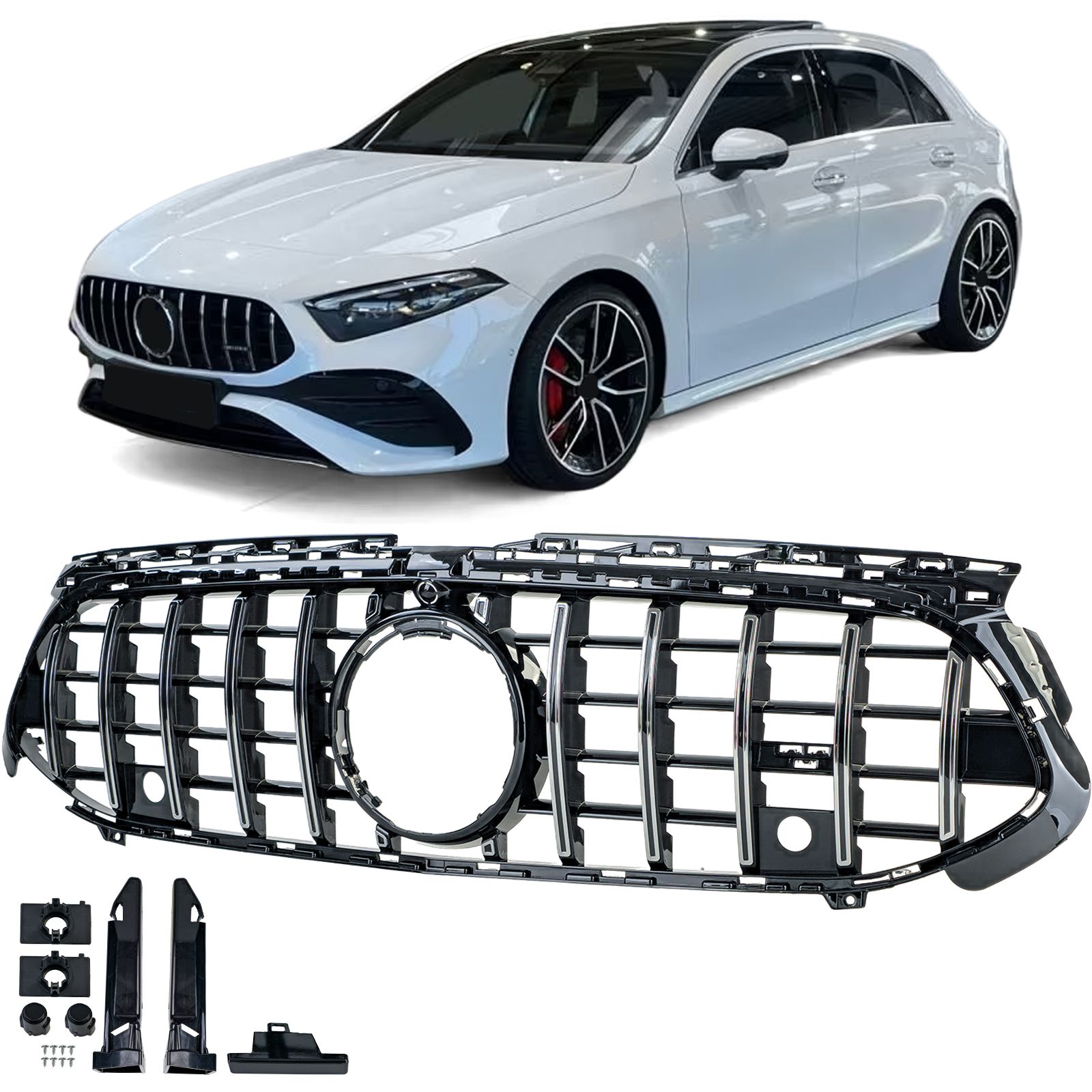 Grill Mercedes A-klasse W177 / V177 GT-Look Glans Zwart-Chroom (Facelift)