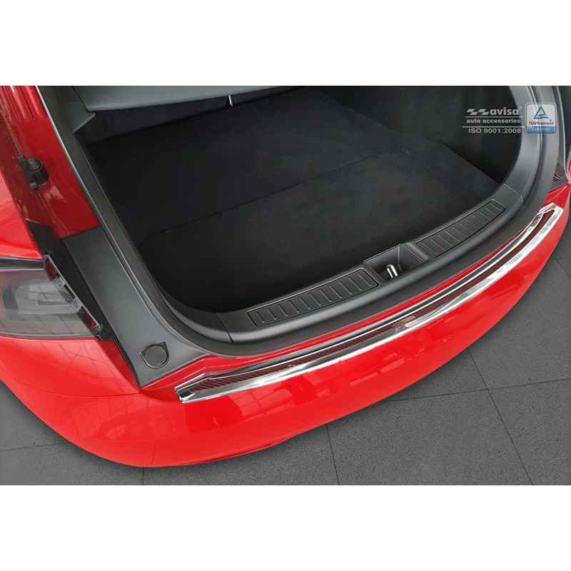 RVS Achterbumperprotector 'Deluxe'  Tesla Model S 2012-2016 & Facelift 2016- Chroom/Rood-Zwart Carbon