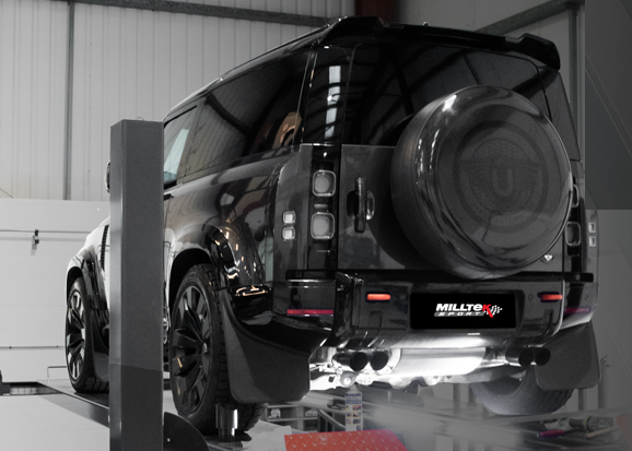 Land Rover Part. Filter-back Defender 90 5.0 V8 Milltek Twin GT-90 Brushed Titanium Trims