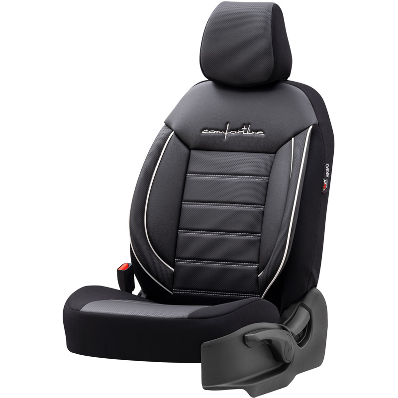Universele Leder/Stoffen Stoelhoezenset 'Comfortline' Zwart/Grijs + Witte rand - 11-delig - geschikt voor Side-Airbags