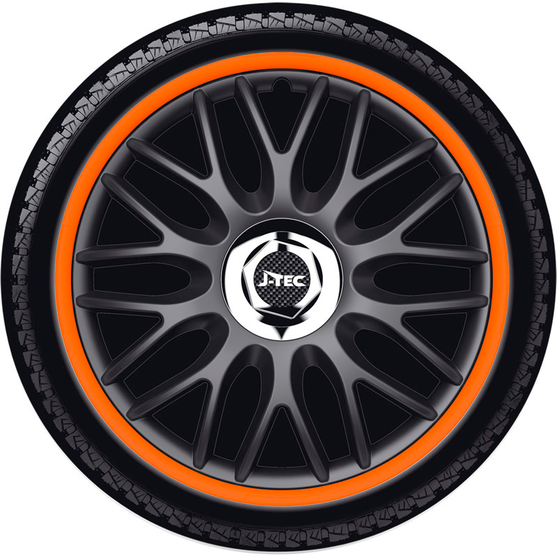 4-Delige J-Tec Wieldoppenset Orden R 13-inch zwart/oranje + chroom ring