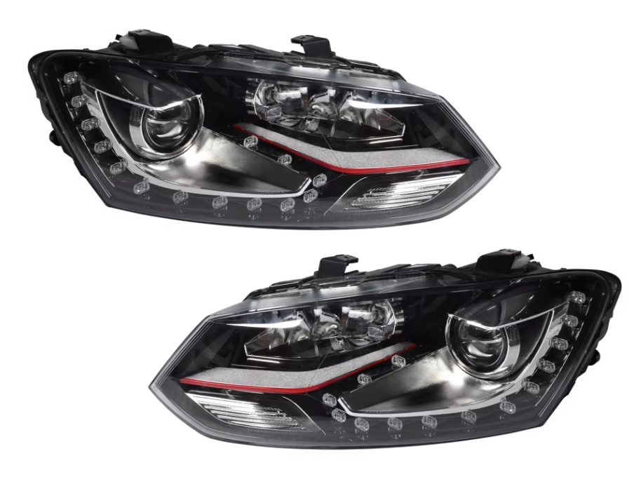 Koplampen VW Polo 6R / 6C 09-17 H7 naar Xenon Zwart/Rood GTI look